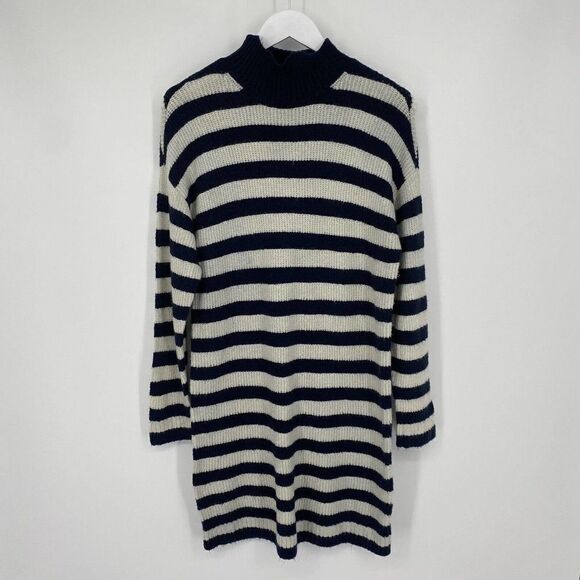 American Eagle Sweater Dress Blue Ivory Striped Mock Neck Drop Shoulder Size M - Picture 1 of 8